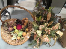 Woven Gathering Basket with Artificial Fruits and Metal Sleigh Centerpiece