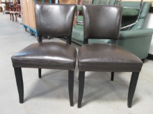 Pair of Arhaus Furniture Mocha Leatherette Nailhead Trim Side Chairs