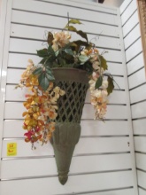 Verdigris Finish Metal Wall Pocket with Artificial Florals