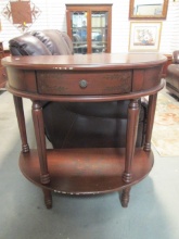 Mahogany Finish Demilune Tiered Table with Flower Garland Accents