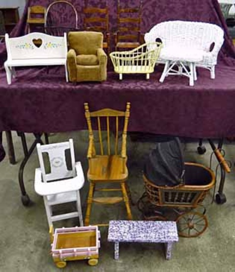 Assorted Furniture For Larger Dolls - Wicker Sofa, Table & Cradle, Upholstered Armchair, Wooden Comb