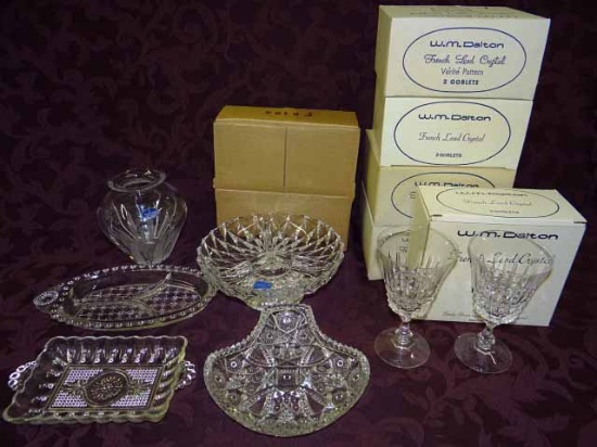 Elegant Glassware: 10 W M Dalton Crystal Goblets In Original Boxes, F B Rogers Divided Relish On Sil