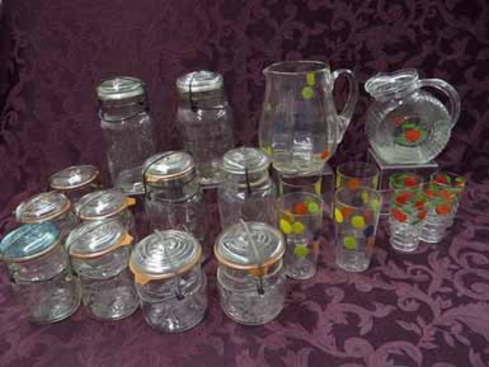 Vintage Kitchen Glass: Polka Dot Pitcher & 4 Glasses, Disc Tomato Pitcher & 4 Juice Size Glasses, 11