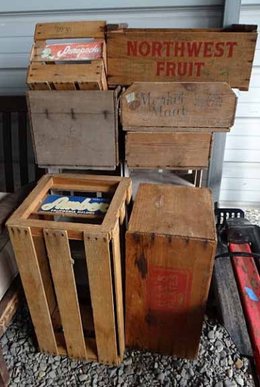 9 Wooden Crates: 2 Divided Are Painted White, NW Fruit, Market Maid, Amber Calif. Melons, Krause's C