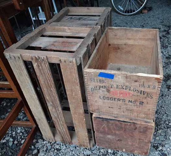 4 Wooden Crates: Dove Tailed DuPont Explosives; Niki Melons, Etc.