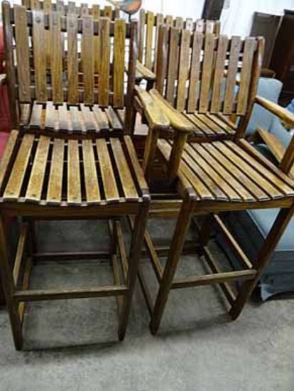 Set Of 4 Tall Bar Size Oak Slatted Stools / Arm Chairs. 47" Tall.