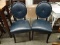 Pair Contemporary Leather Upholstered Side Chairs With Oval Backs & Nice Nail Head Trim On Blue Leat