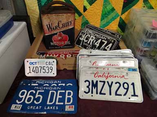 Vintage Collectibles: War Chief 2 Gallon Motor Oil Can; License Plates: Michigan - 2 Sets '76 Commem