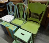 Painted Vintage Furniture & Decor: Suitcase; 2 Step Stool; 3 Chairs - Splat Back, Lyre Back & Presse
