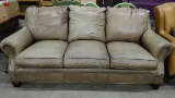 Leather 3 Cushion Sofa By Classic Leather. Has Nail Head Trim Around Bottom. Original Dark Brown Col