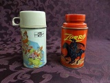 2 Vintage Lunch Box Thermoses:1966 Zorro Red Sky, Missing The Cup, Some Dents & 1969 The Banana Spli
