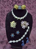 Vintage Rhinestone Costume Jewelry - ART Aurora Borealis Necklace, Vendome Gold Earrings, Unmarked: