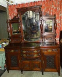 Victorian Era Buffet With Carved, Turned Supports, Beveled Center & Side Mirrors, Bow Front Center W