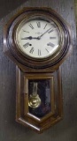 Vintage Schoolhouse Wall Clock By Sessions, Metal Face, Brass Pendulum, With Key, Running. 23