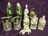 Oriental Figures: Napcoware Mand And Woman In Sheds, Resin - The Auspicious Trinity - Longevity, Hea