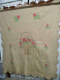 Vintage Quilt - A Design Of Roses In A Handled Basket. Hand Embroidered And Quilted At 8 Stitches To