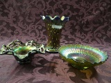 3 Pcs. Vintage Carnival Glass: Fenton Green Stippled Rays 6