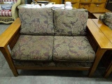 Mission Style Love Seat By Sklar Peppler With Upholstered Seat & Back Cushions In Large Leaf Pattern