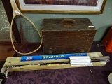 Vintage Fishing; Wooden Tackle / Tool Box With Drop Front; Wooden Fishing Net; Grampus Bamboo Rod In