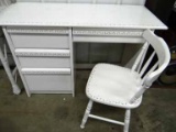 Painted Vintage Furniture: Desk With 2 Drawers & Rattan Back With Letter Holders, Wrapped Wicker Leg