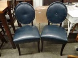 Pair Contemporary Leather Upholstered Side Chairs With Oval Backs & Nice Nail Head Trim On Blue Leat