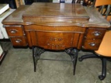 Antique Treadle Sewing Machine By New Home. Dark Tiger Oak Cabinet Top Has Ripple In Veneer. No Peda