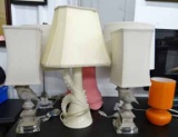 6 Table Lamps: Pair With Carved Birds On Square Glass Bases, 19.5