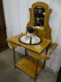 Vintage Oak Wash Stand With Pitcher & Basin. 18.5x33x41