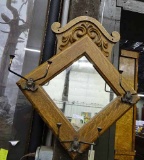 Antique Oak Framed Wall Mirror With 3 Double Coat Hooks. 22x26