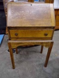 Antique Oak Drop Front Desk. Fitted Interior & Single Drawer. Small Size, 16.5x24x40