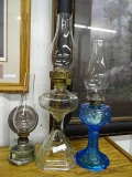 3 Vintage Oil Lamps: Blue Glass Peacock Feather Base; 3.5