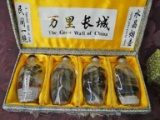 Asian Collectibles: Great Wall Of China Set Of 4 Snuff Bottles, 1 Stopper Is Off Of The Top; Stone C