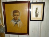 Antique Framed Portrait Of Young Boy In Sailor Suit, Done In Chalk / Pastels, Signed And Dated Polan