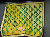 Contemporary Quilt Done In Colors Of Green & Yellow, Long Arm Quilting. Signed Molly & Sarah, Approx