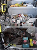 3 Tubs Of Assorted Hardware - Nuts, Bolts, Screws, Nails, Washers, Drop Cloth, Deck Screws, More.
