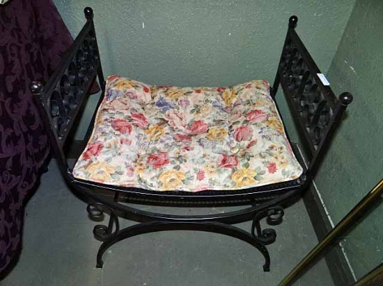 Vintage Bustle Bench. Black Iron With Scroll Design. Removable Floral Cushion. 22x15x26".