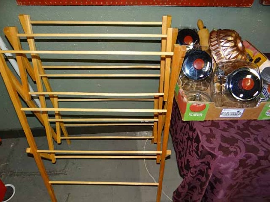 Vintage Home & Kitchen Wares: Folding Wooden Drying Rack; 3 Glass Counter Jars; Wood Handle Utensils