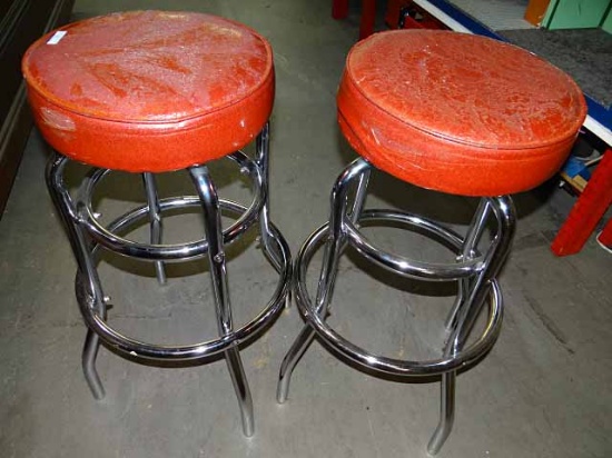 Pair Of Swivel Counter Stools, Chrome Bases In Great Condition, Red Seats Not Perfect. See Photos