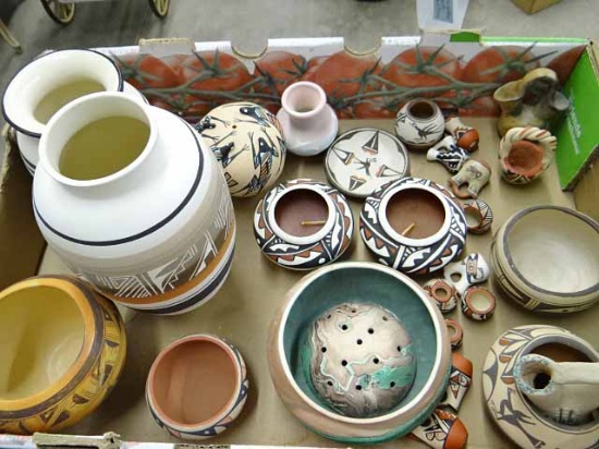 Native American Pottery: Polacca Bowl By Albert Adams, 1st Mesa; Seven Fall Bowl With Flower Frog By