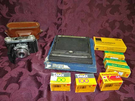 Vintage Camera / Photography: Kodak Retinette Camera & Case; Graflex Camera Back, ? Model, 6.5x7" In