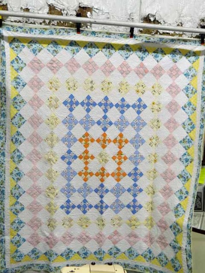 Vintage 9 Patch Quilt, Light Weight Cotton Batting, Hand Pieced And Quilted At 6-7 Stitches Per Inch