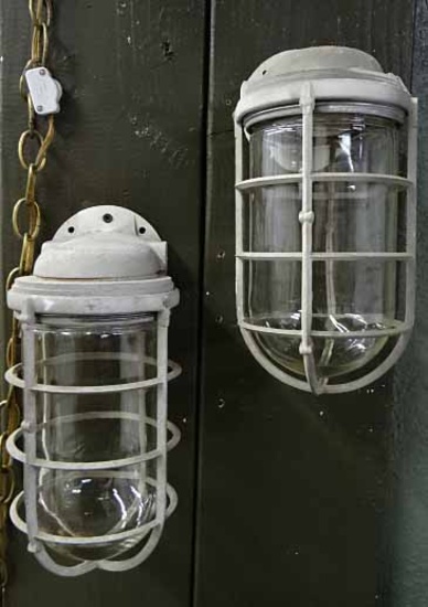 Pair Of Industrial / Steampunk Wall Lights. Glass Globes Under Metal Guards By Stoneco Electric. Wir