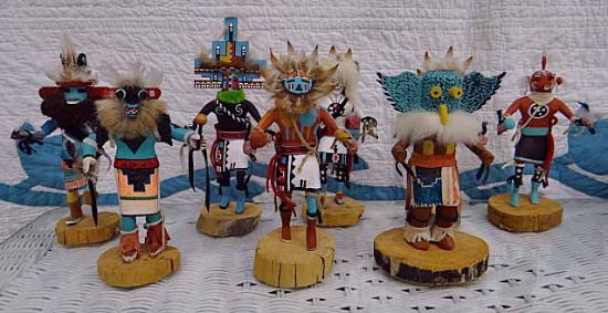 8 Kachina Dolls: 3 By S.B.- Sunface, Buffalo & Mudhead; Heinis By CB; Owl By Jym Mariano; Ram Antelo