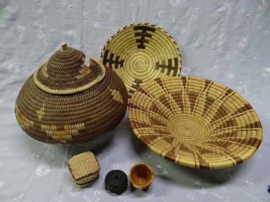 3 Native American Baskets With Pleasing Patterns, One Has A Lid And Is 9.25" Tall, 2 Bowls, Largest