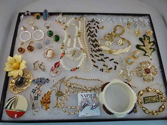 Costume Jewelry: Swarovski Button Earrings; Sara Coventry - 3 Brooches, Rhinestone Bracelet, Molded