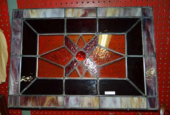 Beautiful Stained And Leaded Glass Panel In Gold, Amber And Purples. 26.5x18.5"