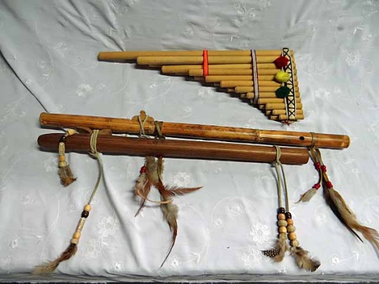 2 Native American Wooden Flutes, 1 Is Marked ME And An Unmarked Pan Flute