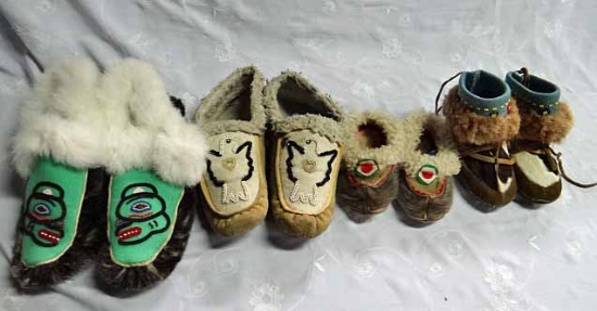 Native American Eskimo Slippers - 2 Pair Toddler Sized - 1 Is Bootees With Beading & Fur, 1 Is Seal