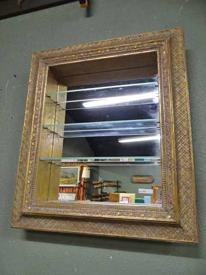 Vintage Framed Shadowbox With 3 Glass Shelves And Mirrored Back, 22.5x26x4.5"