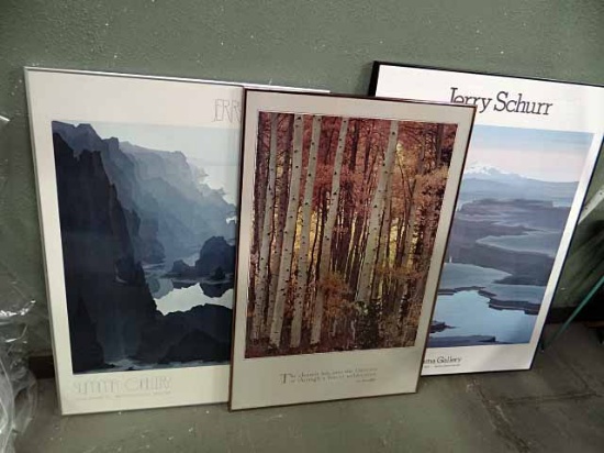 3 Framed Art Pieces - 2 Jerry Schurr Posters From Summa Gallery Largest Is 39x30" Plus An Autumn Sce